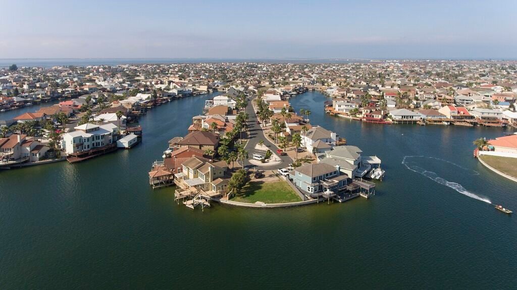 An aerial photo of a residential neighborhood on Padre Island