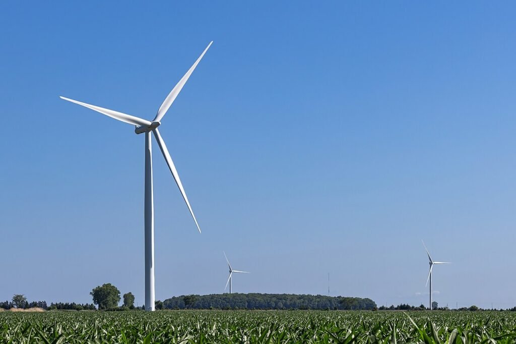 Wind turbines along North Middle Road, Essex County, Ontario, 2025-06-29