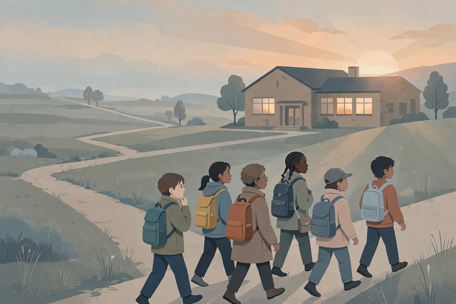 Children walking to school at sunrise, for the 273 million children out of school UNESCO 2026 report