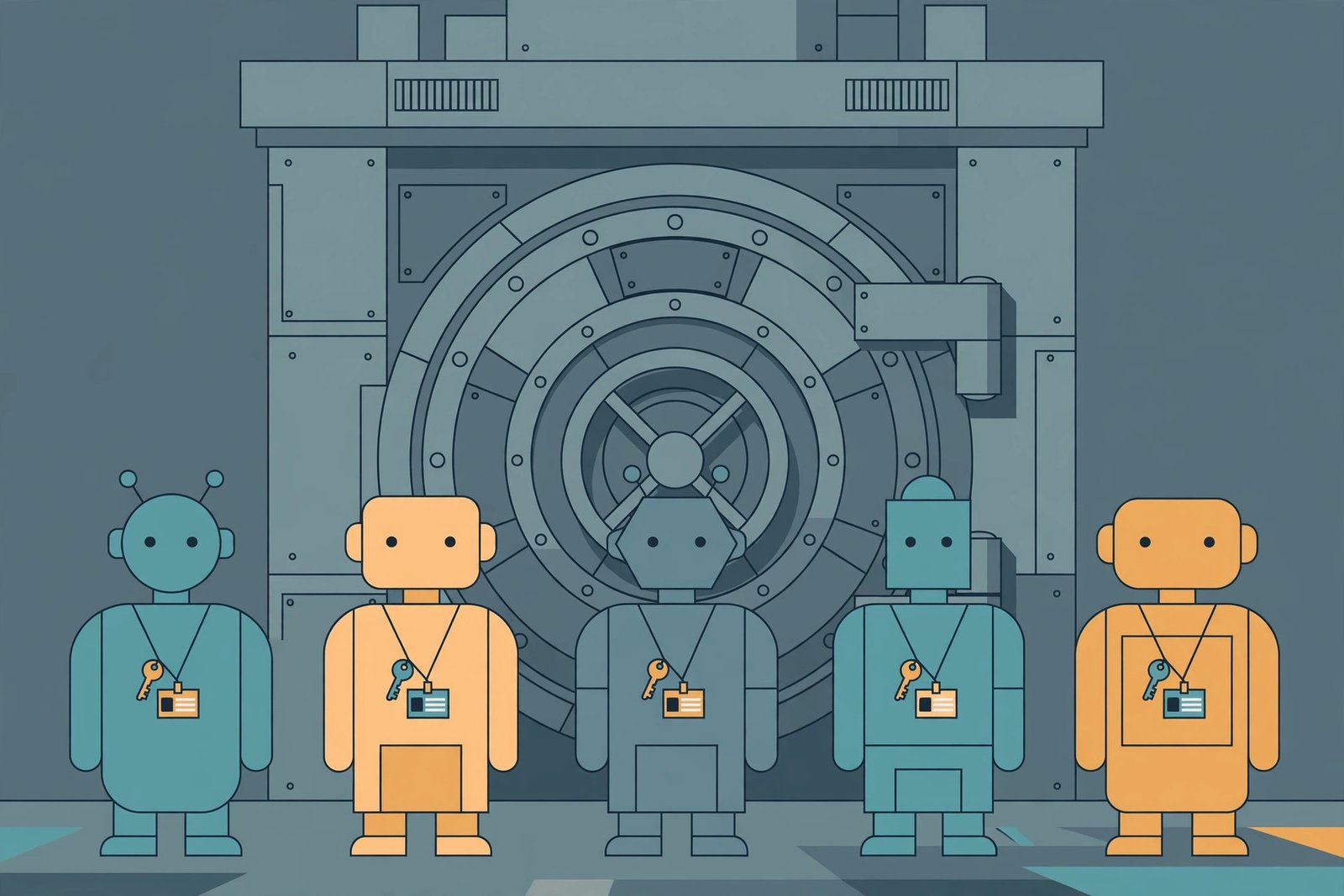Illustration of AI agent identity security, showing software agents with ID badges and short-lived credential keys on an enterprise network