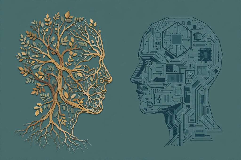 Two facing head silhouettes, one filled with circuitry, for a story on the AI is not conscious Nature essay
