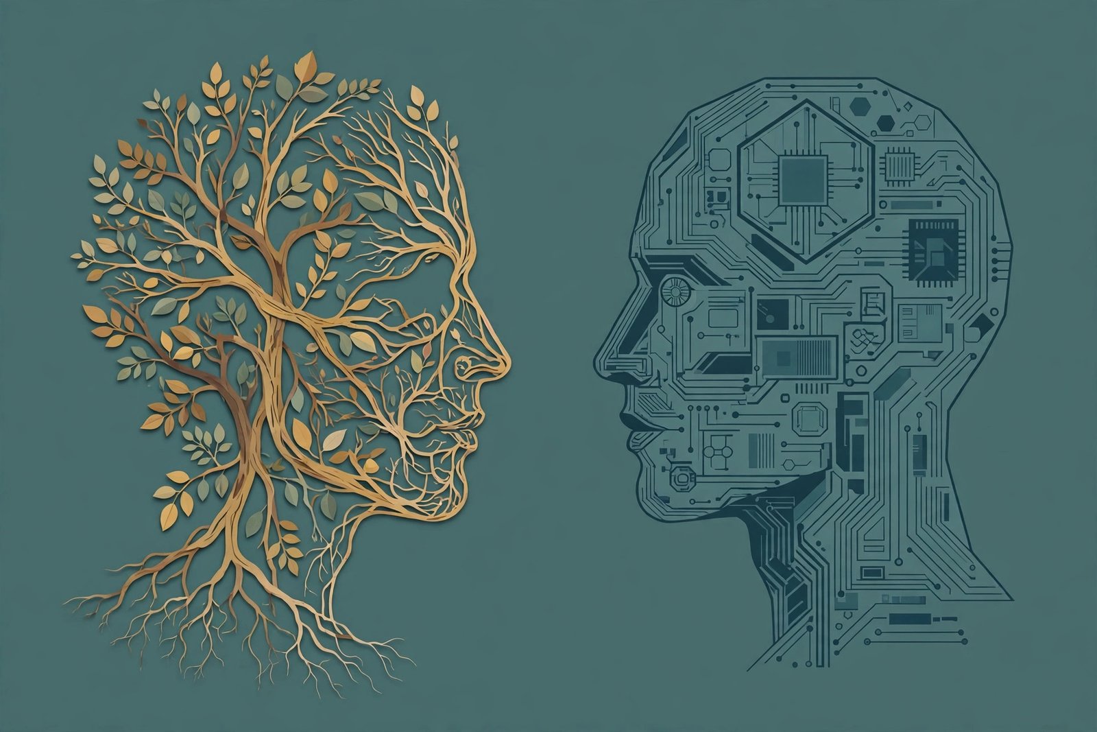 Two facing head silhouettes, one filled with circuitry, for a story on the AI is not conscious Nature essay