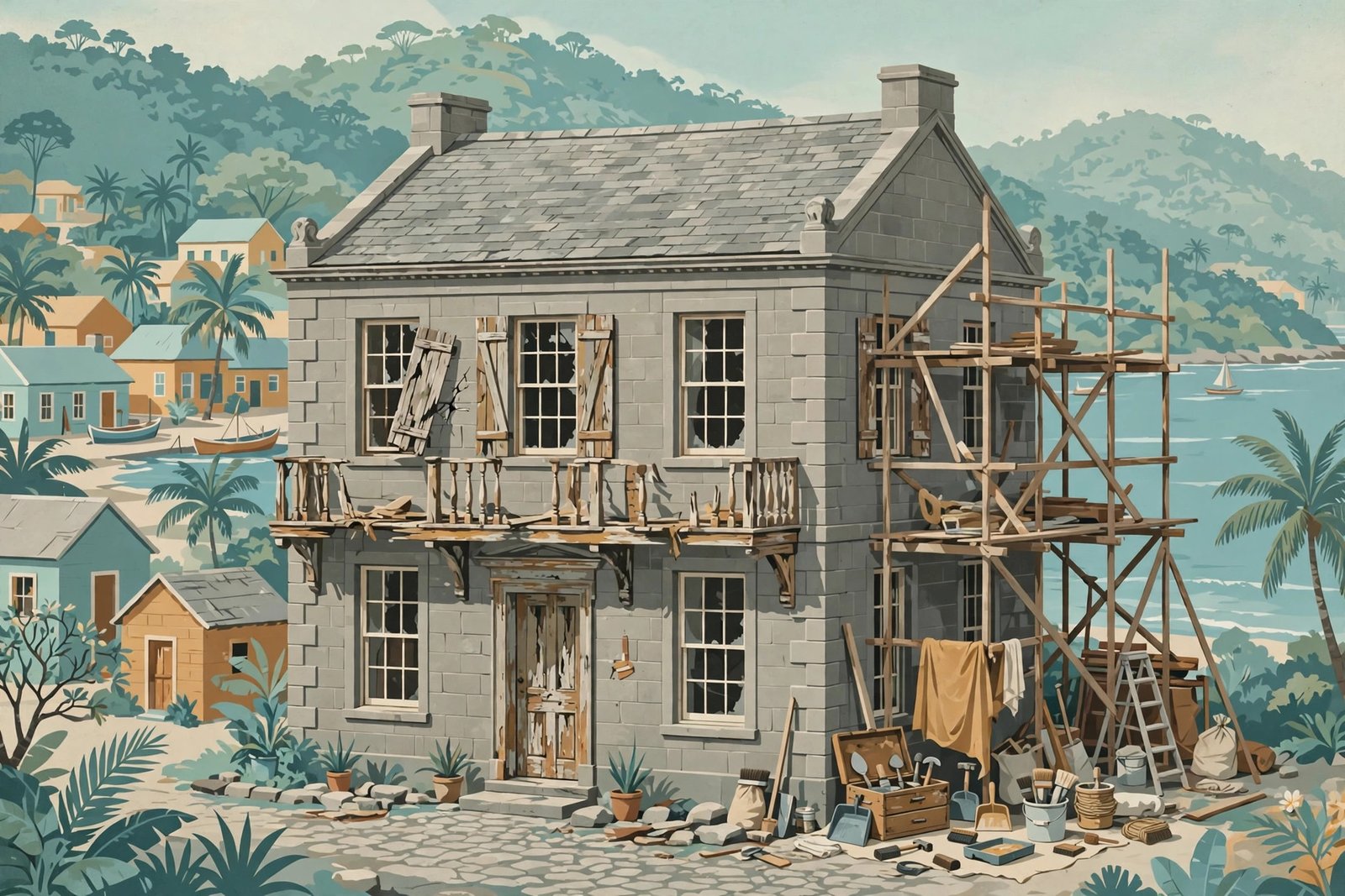 Alexander Hamilton museum Nevis restoration: a Georgian stone house in a Caribbean coastal town with scaffolding and conservation tools at one side