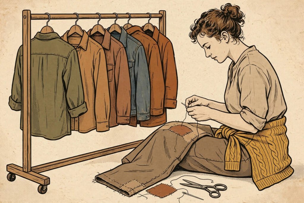 Flat editorial illustration of a clothes rail with everyday shirts and jackets, one worn backwards and a sweater tied at the waist