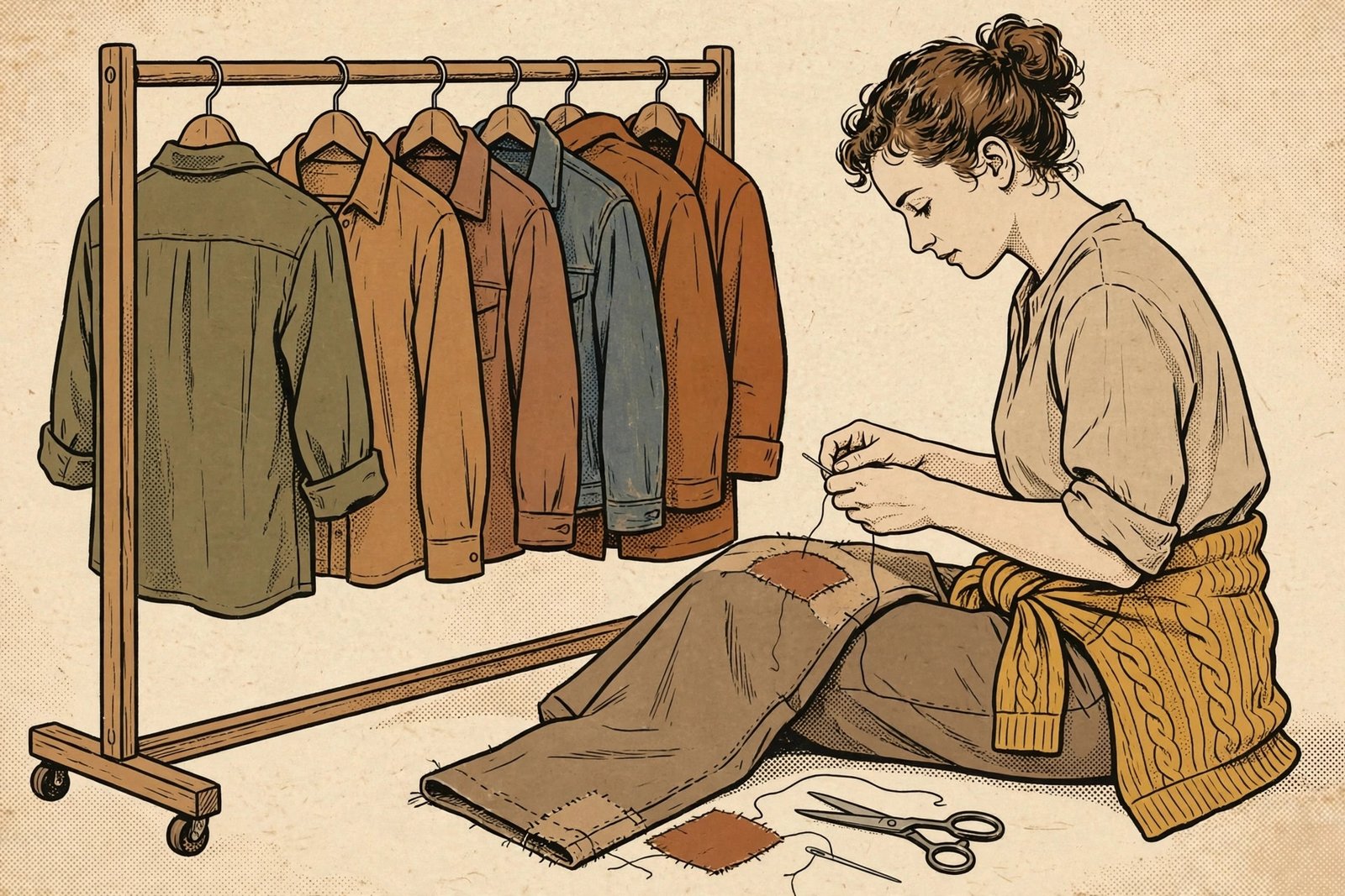 Flat editorial illustration of a clothes rail with everyday shirts and jackets, one worn backwards and a sweater tied at the waist