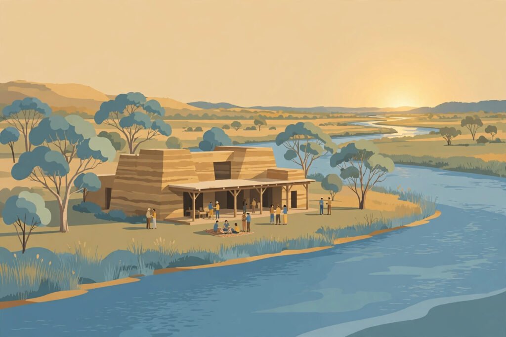 Illustration of the Baaka Cultural and Art Centre Wilcannia, with rammed earth walls behind the retained stone facade of the old Knox and Downs store