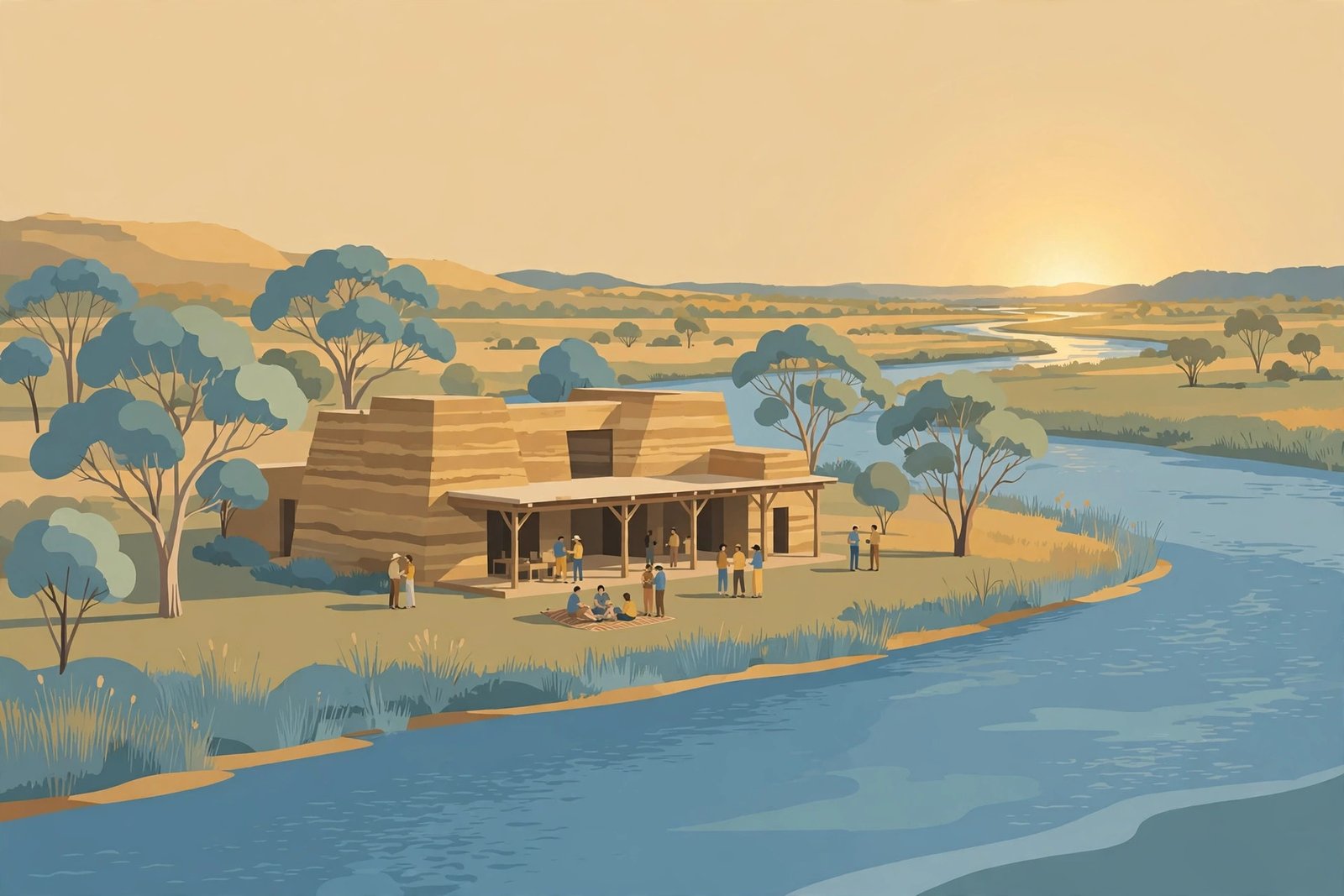 Illustration of the Baaka Cultural and Art Centre Wilcannia, with rammed earth walls behind the retained stone facade of the old Knox and Downs store