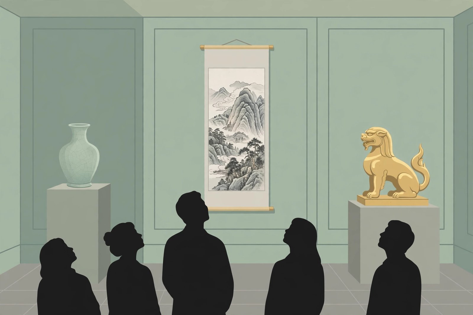 British Museum Korea exhibition: a museum gallery with a celadon vase, a gilt-bronze sculpture and a mountain landscape scroll