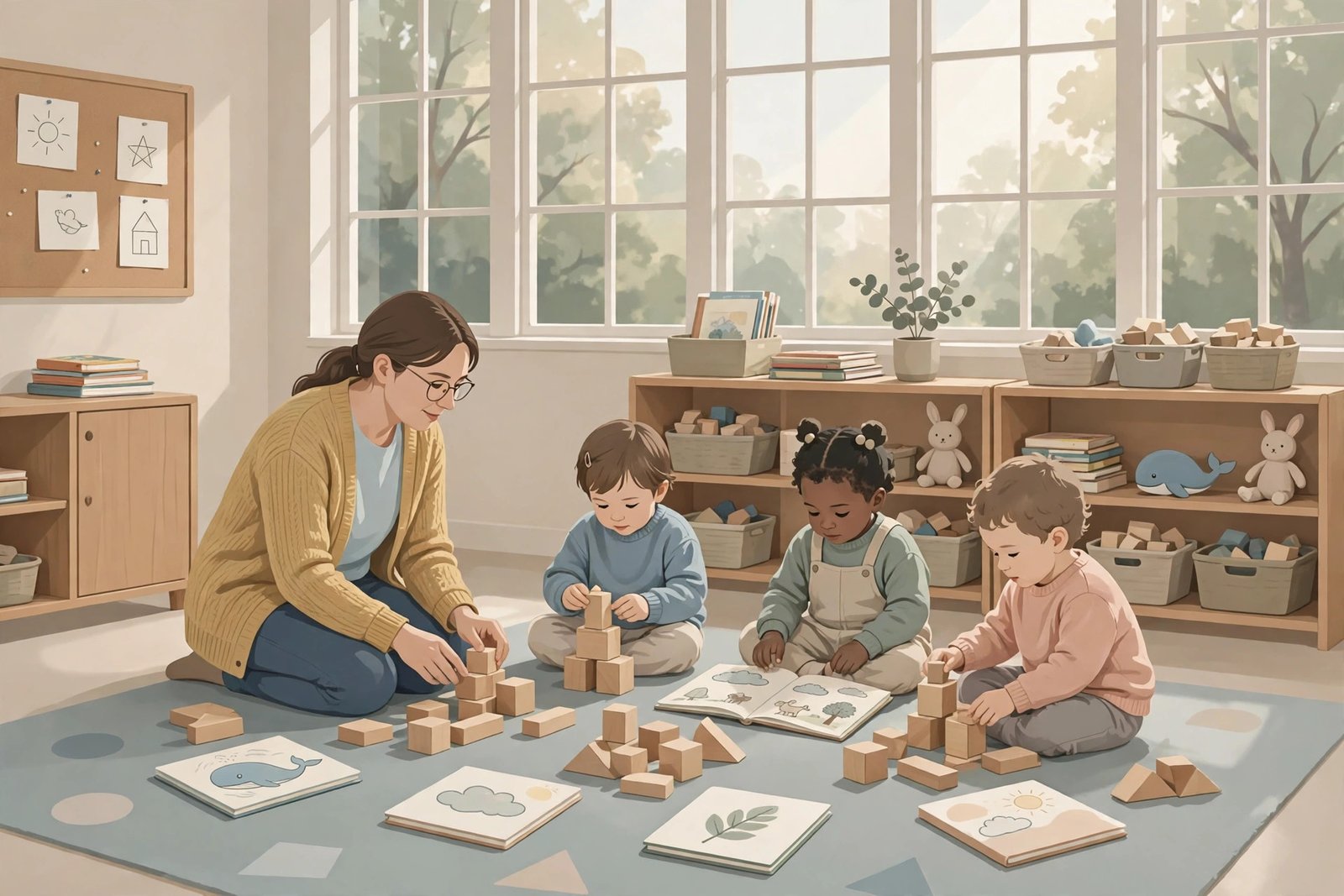 Young children playing with wooden blocks in a bright preschool classroom for a story on the California early education study