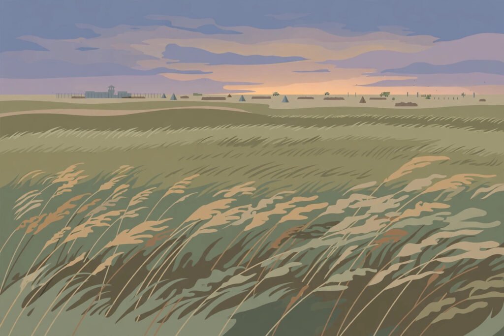 Flat editorial illustration of prairie grassland at dusk with wind-blown grass