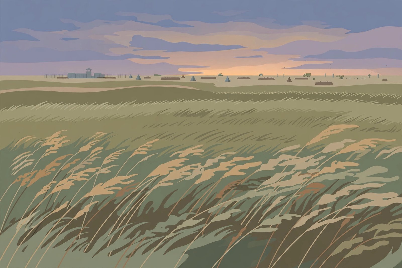 Flat editorial illustration of prairie grassland at dusk with wind-blown grass