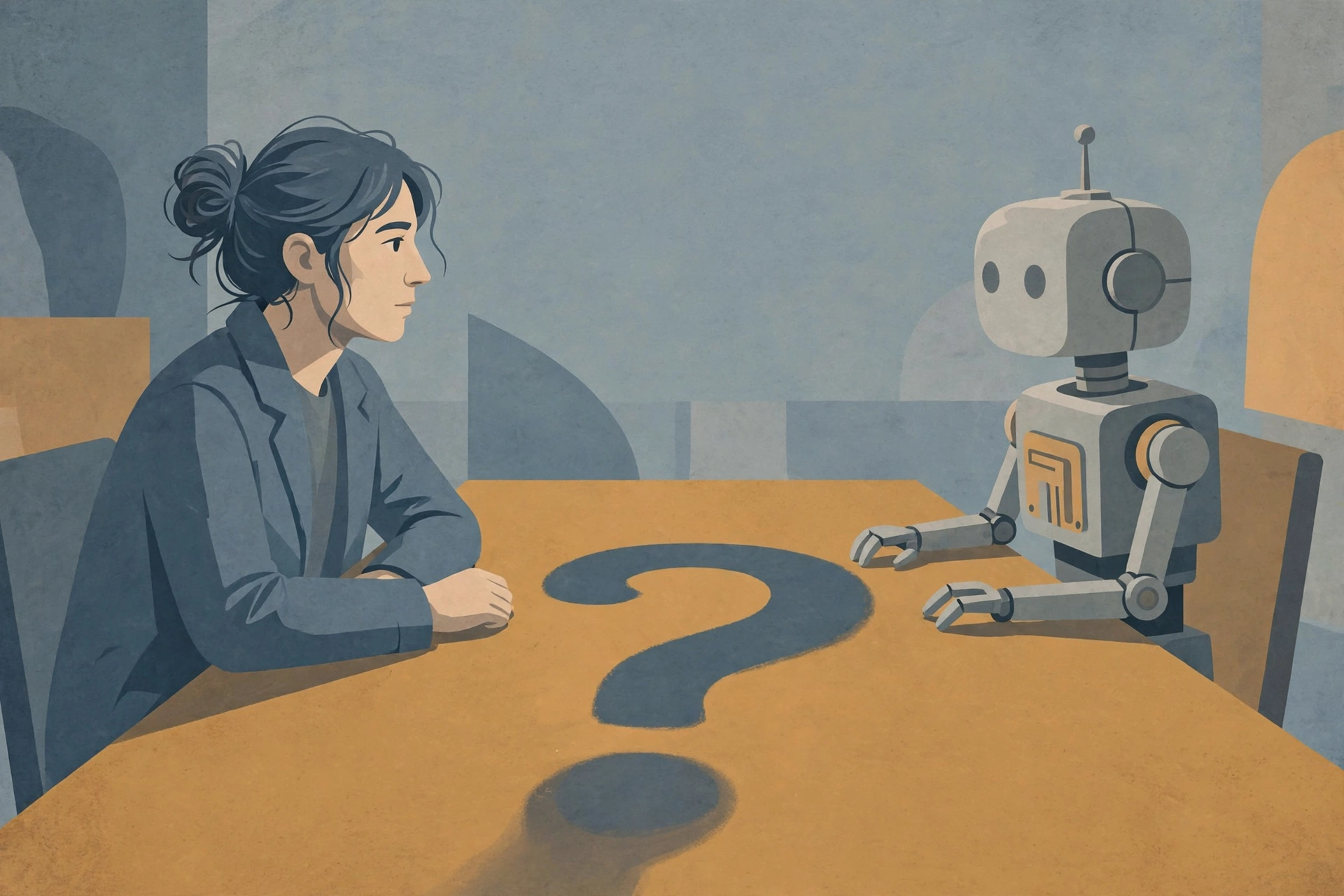 A person and a robot facing each other across a table, editorial illustration