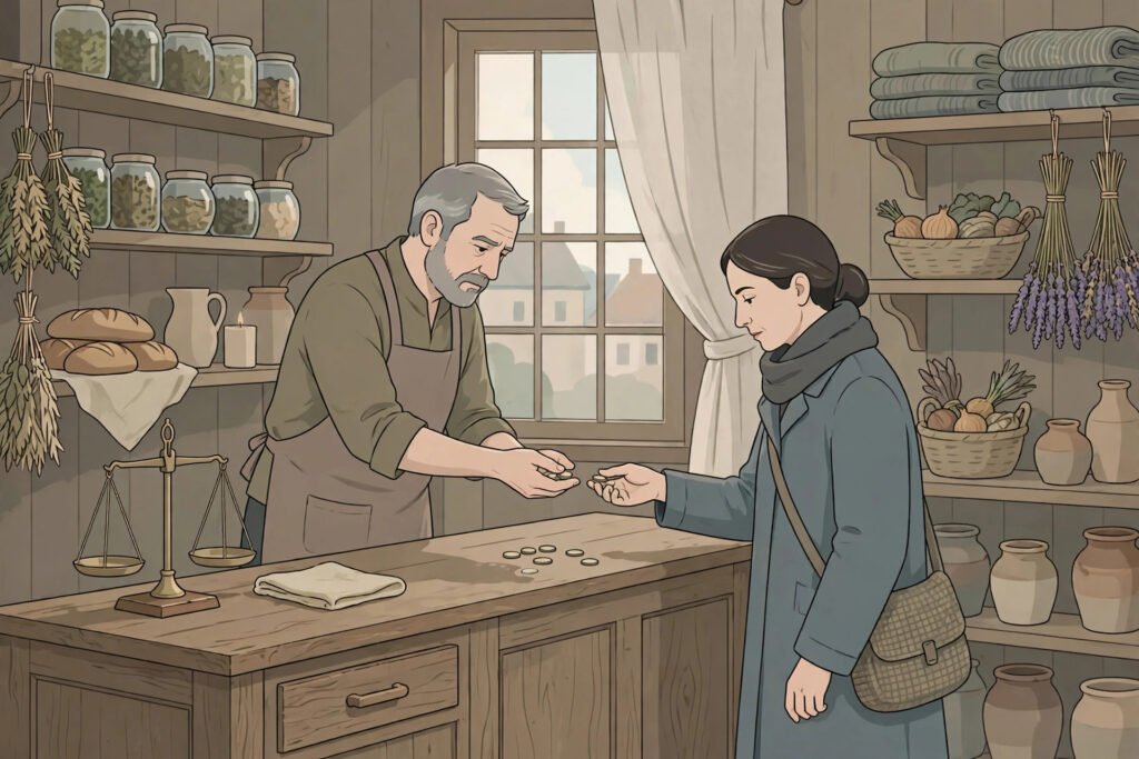 A shopkeeper giving fair change while doing the right thing for the wrong reasons, illustrating Kant on moral worth and intentions