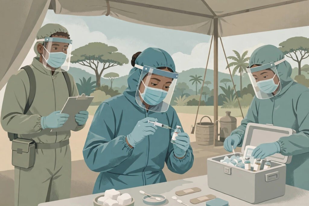 Health workers preparing an Ebola vaccine trial in DR Congo vaccination clinic in Bunia