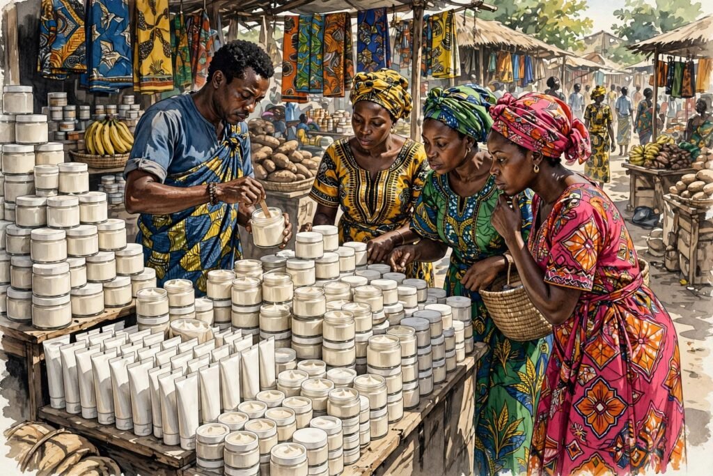 A West African market stall stacked with unlabeled cream jars as a vendor mixes cream and women shoppers look on