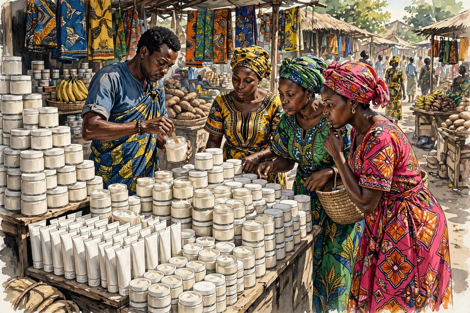 A West African market stall stacked with unlabeled cream jars as a vendor mixes cream and women shoppers look on