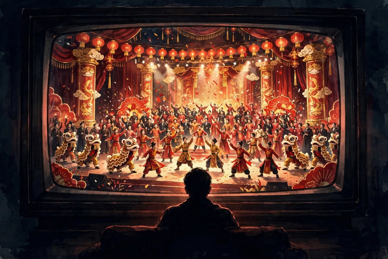 A television screen showing a lavish red-and-gold New Year gala stage with lion dancers, watched by a lone viewer in silhouette