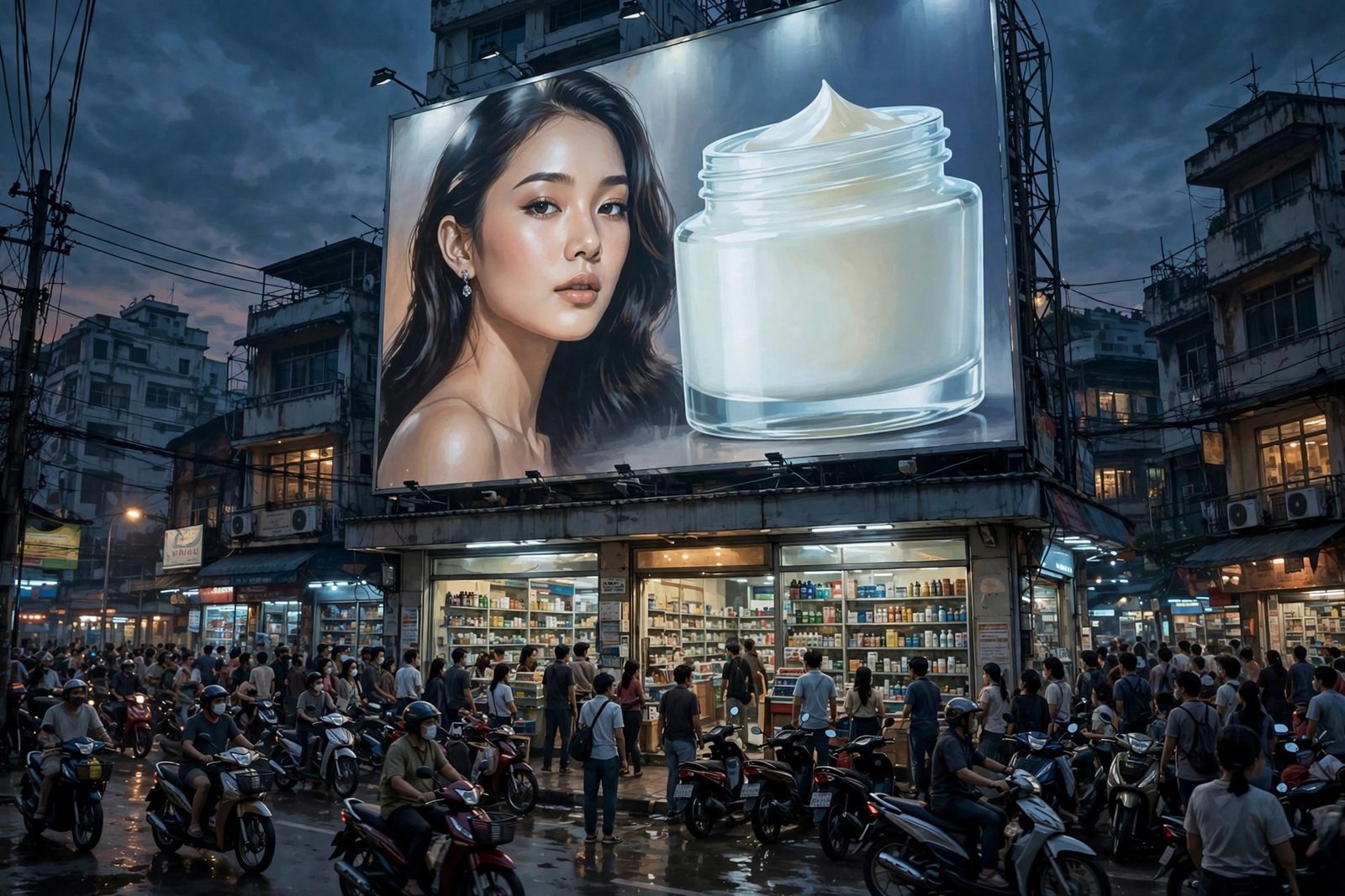 A giant billboard for face cream above a busy pharmacy storefront in a Southeast Asian city at dusk