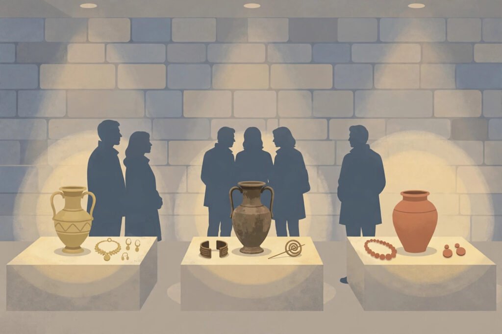 Bronze and terracotta figures in a museum gallery for the Etruscans exhibition San Antonio Museum of Art