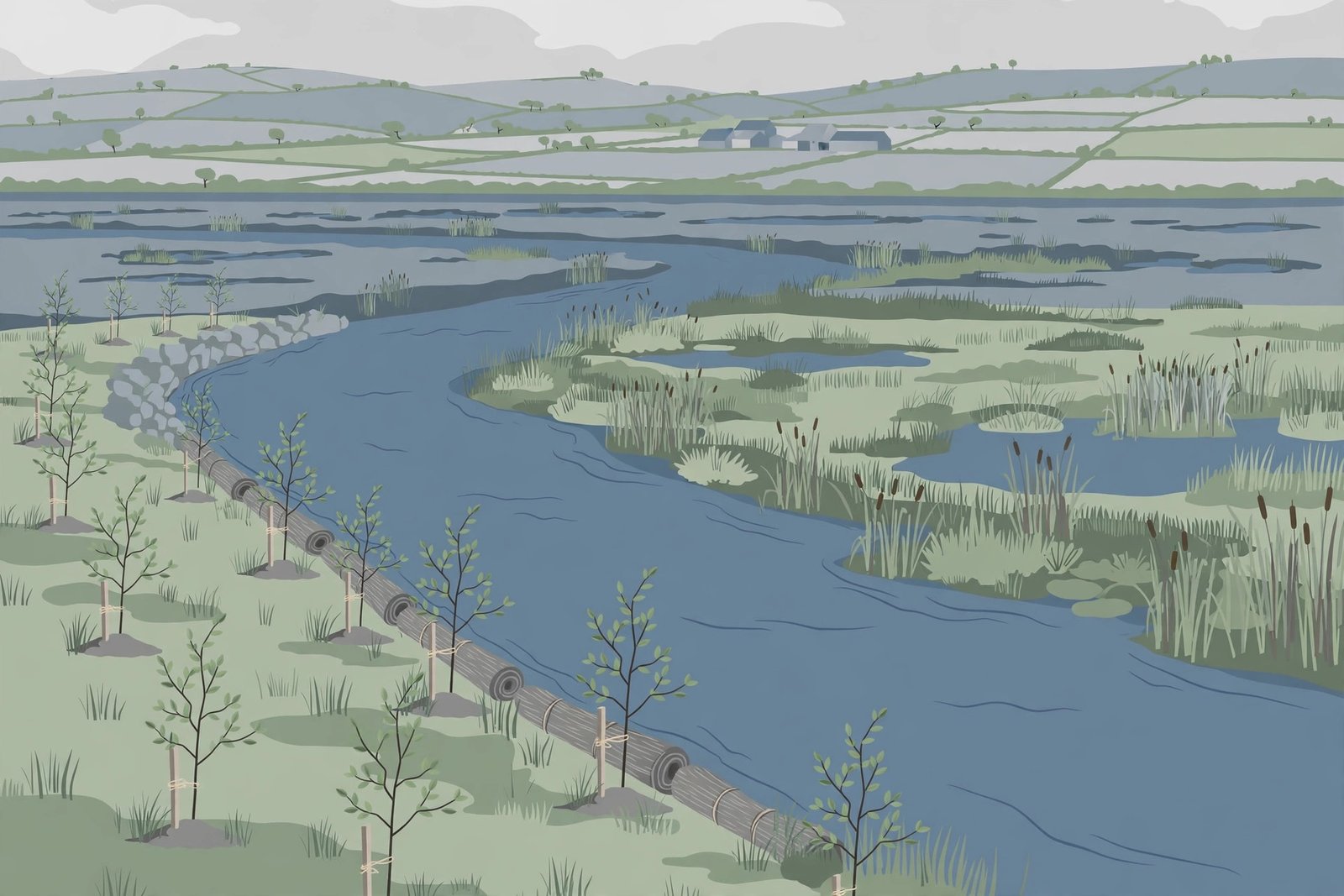 EU nature restoration plans: a European wetland riverbank partly restored, with young saplings and a distant farm field