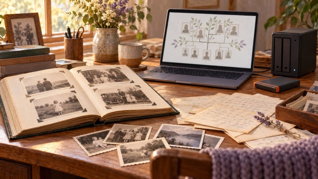 Illustration of a family photo album, letters, a laptop showing a family tree, a home server and a backup drive on a desk.