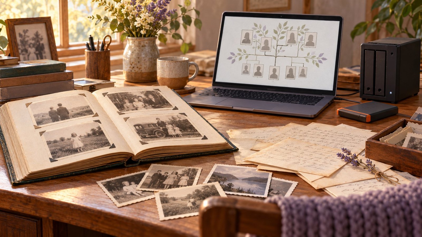 Illustration of a family photo album, letters, a laptop showing a family tree, a home server and a backup drive on a desk.