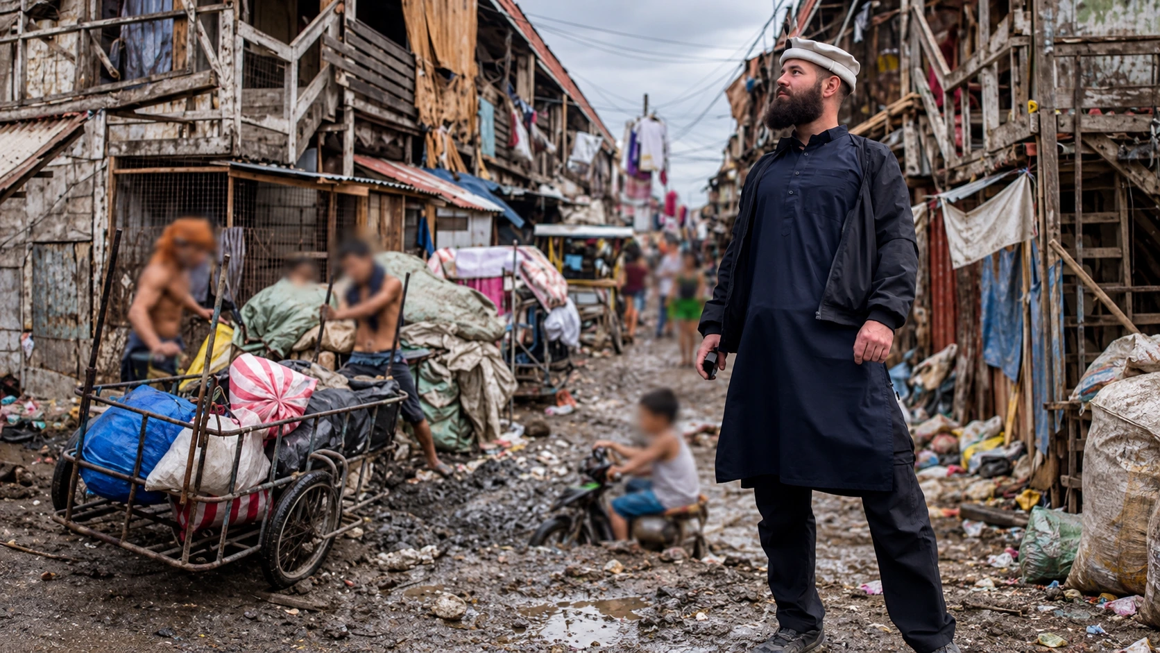 Illustrative edited composite of Wild Carlos in dark clothing against a Tondo street background, with bystanders’ faces obscured.