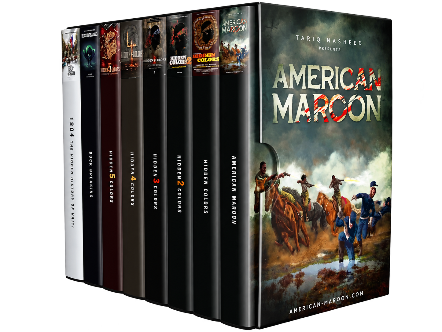 American Maroon box set showing covers of Hidden Colors 1–5, 1804, Buck Breaking and American Maroon