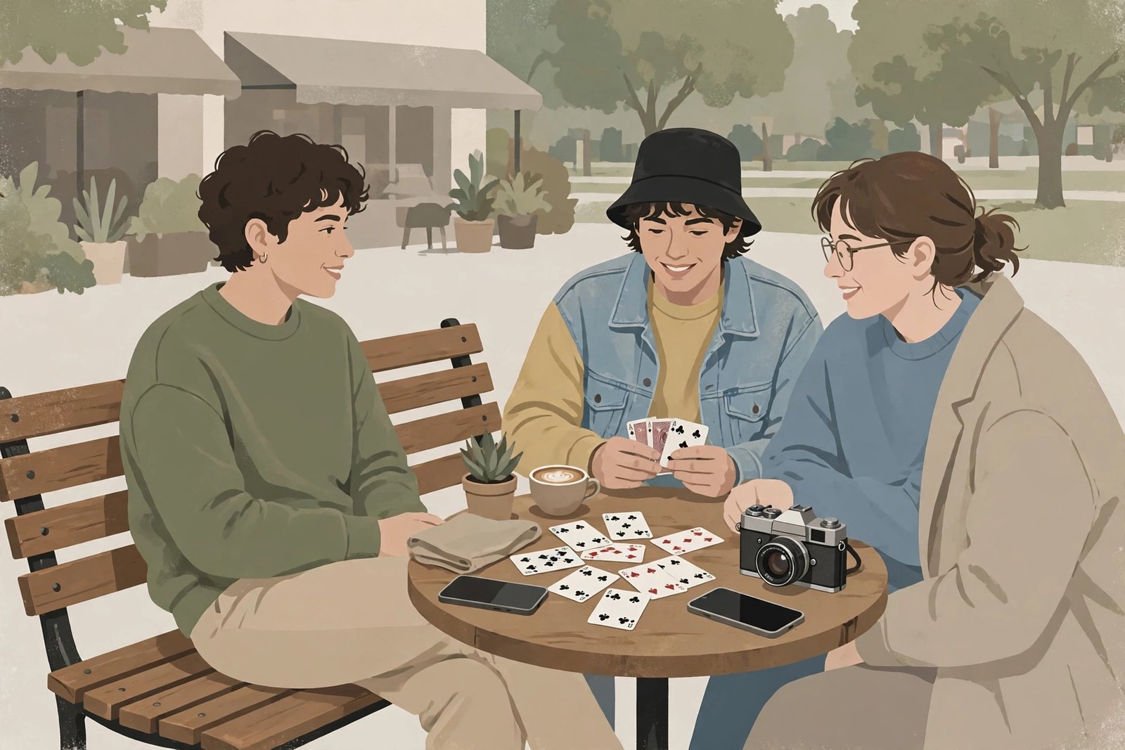 Young people playing cards at a cafe table with their phones face-down for a story on Gen Z phone-free experiences