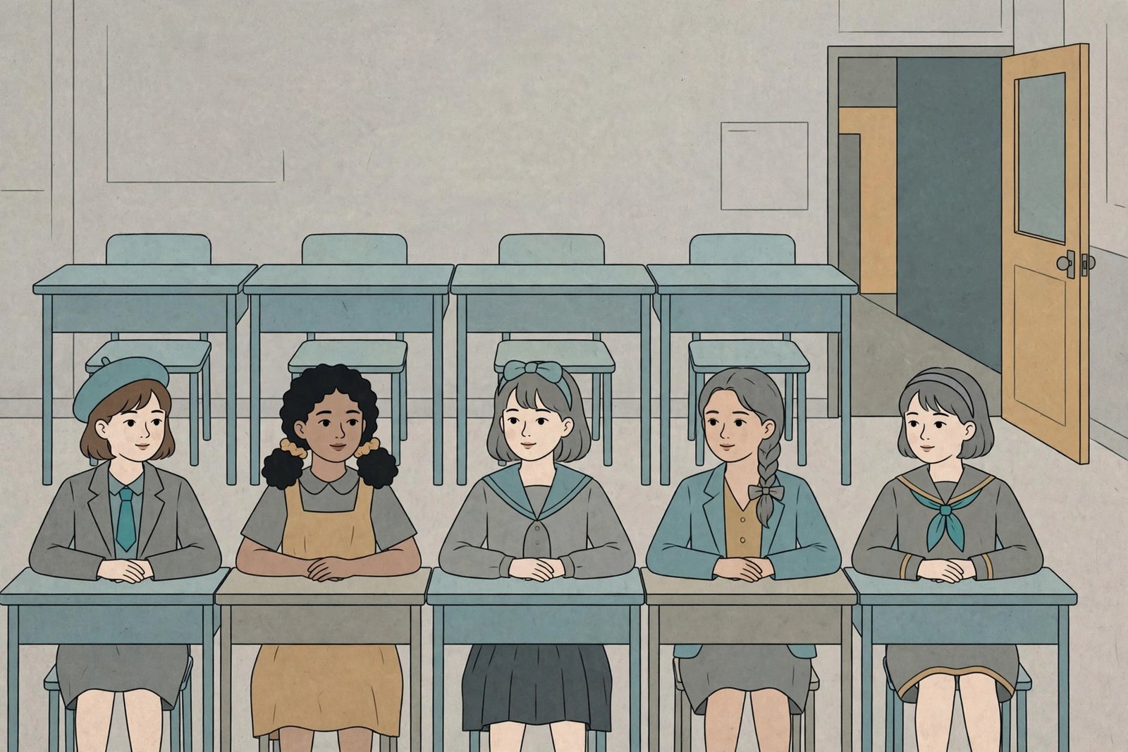 Girls education enrolment parity: two rows of school desks, one full of girls in varied uniforms, the other with empty seats by an open door