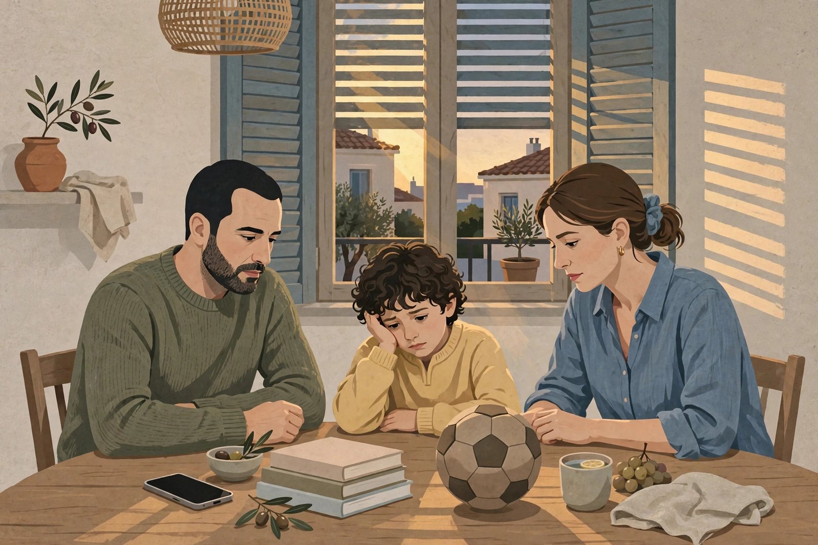 A family table with a phone set aside, illustrating the Greece social media ban for children under 15