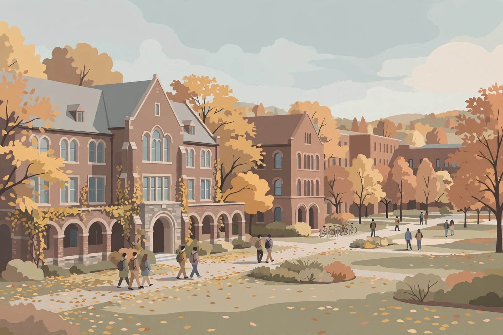 A university campus in autumn with students walking between brick buildings, illustrating guaranteed admission Colorado State University
