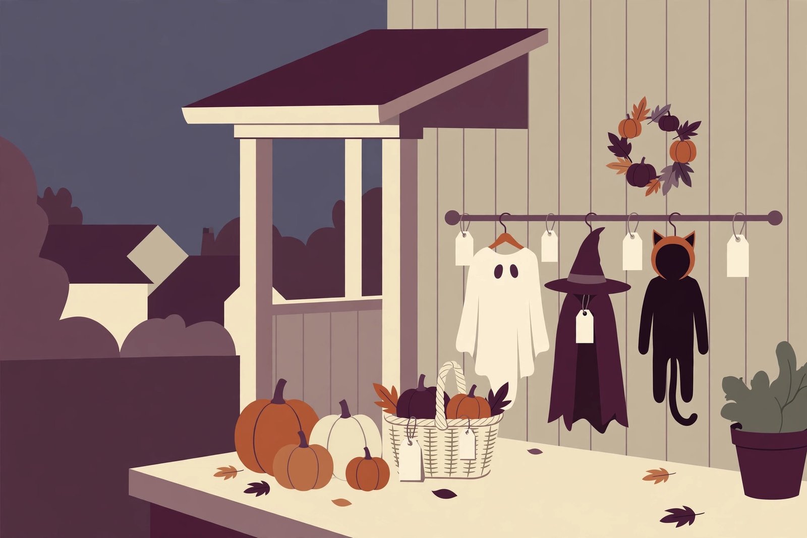 Halloween spending 2026: a suburban porch at dusk with pumpkins, a costume rail and a shopping basket