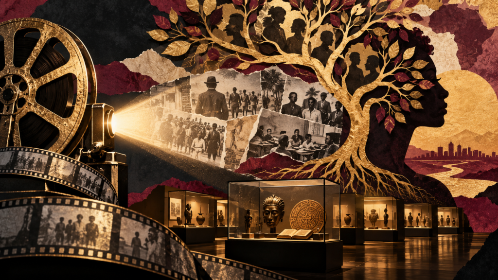 Editorial illustration combining a film projector, family tree and museum displays to represent Black American history and cultural memory.