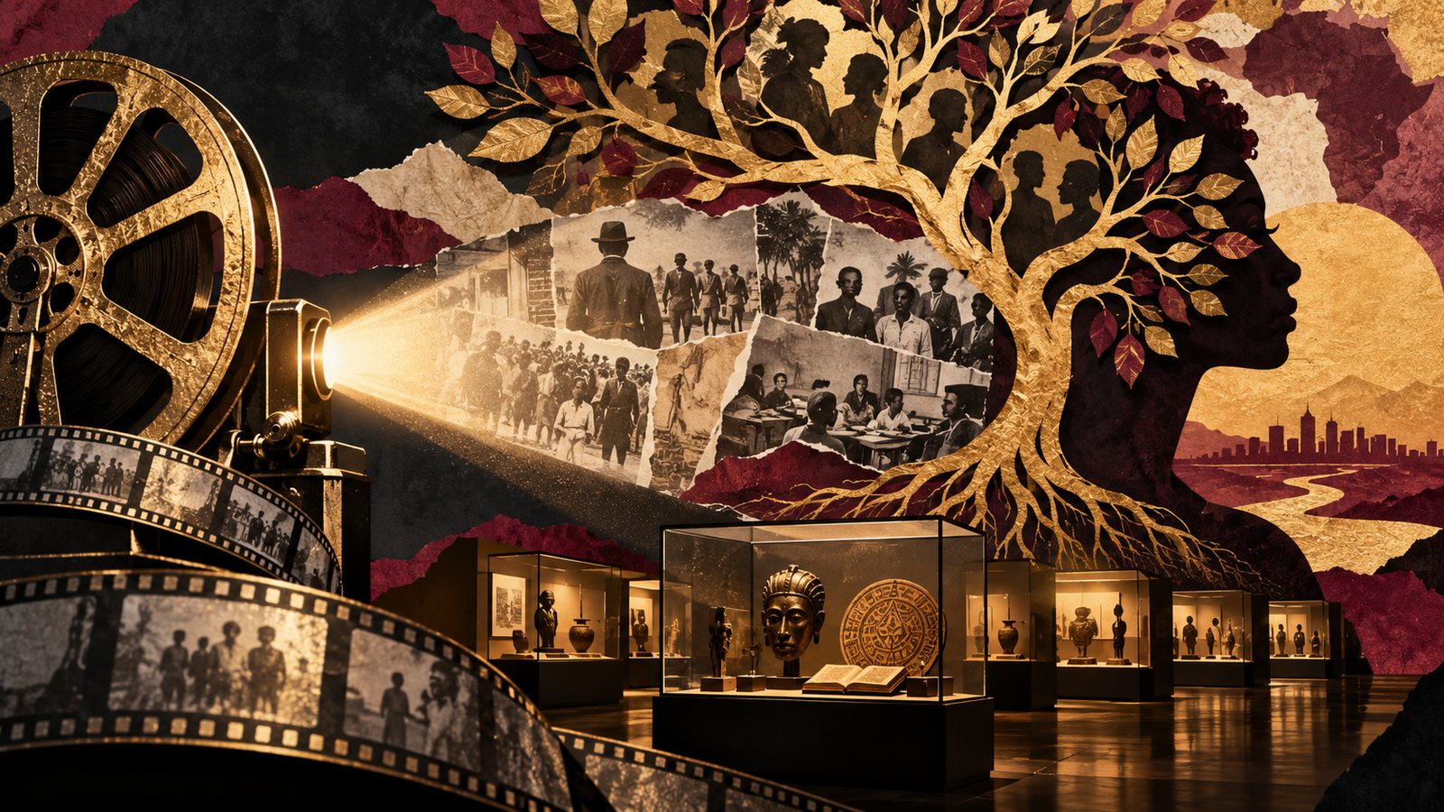 Editorial illustration combining a film projector, family tree and museum displays to represent Black American history and cultural memory.