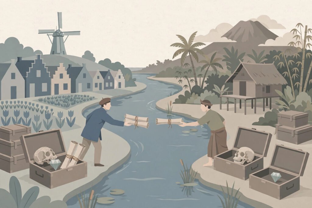 Editorial illustration of museum crates, a fossil skullcap, a diamond and scroll manuscripts being handed across a river landscape