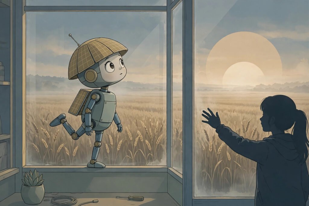 Is Klara and the Sun worth watching: a solar-powered robot girl in a shop window gazes up at a large low sun over wheat fields