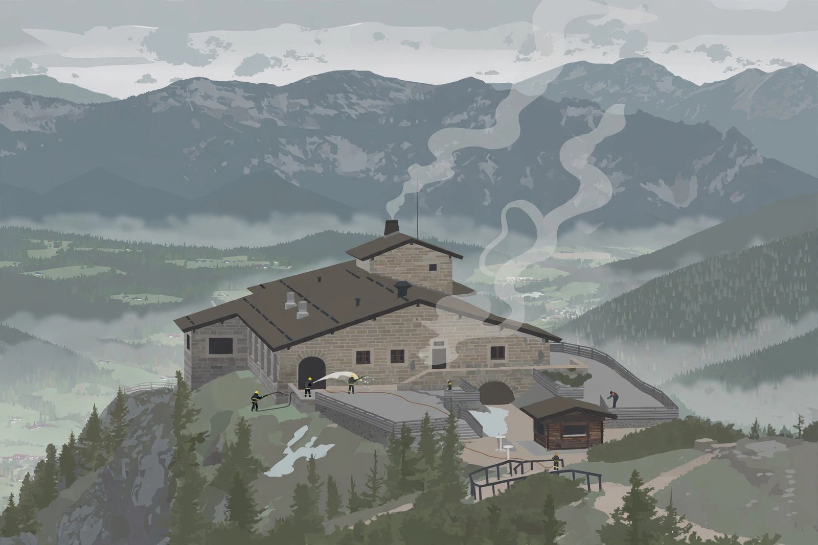 Alpine mountain guest house with light smoke after the Kehlsteinhaus Eagle's Nest fire in Bavaria