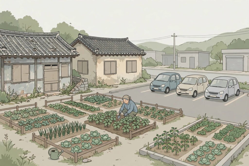 A shrinking Korean city street with gardens in vacant plots, for Korean Pavilion Catabolism urban shrinkage