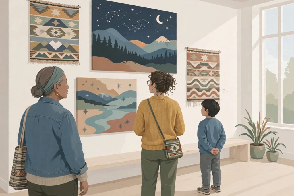 Visitors viewing contemporary works at the Lyman Allyn Indigenous art exhibition in New London