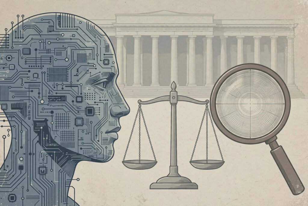 Flat editorial illustration of an abstract AI circuit head facing balance scales and a magnifying audit lens
