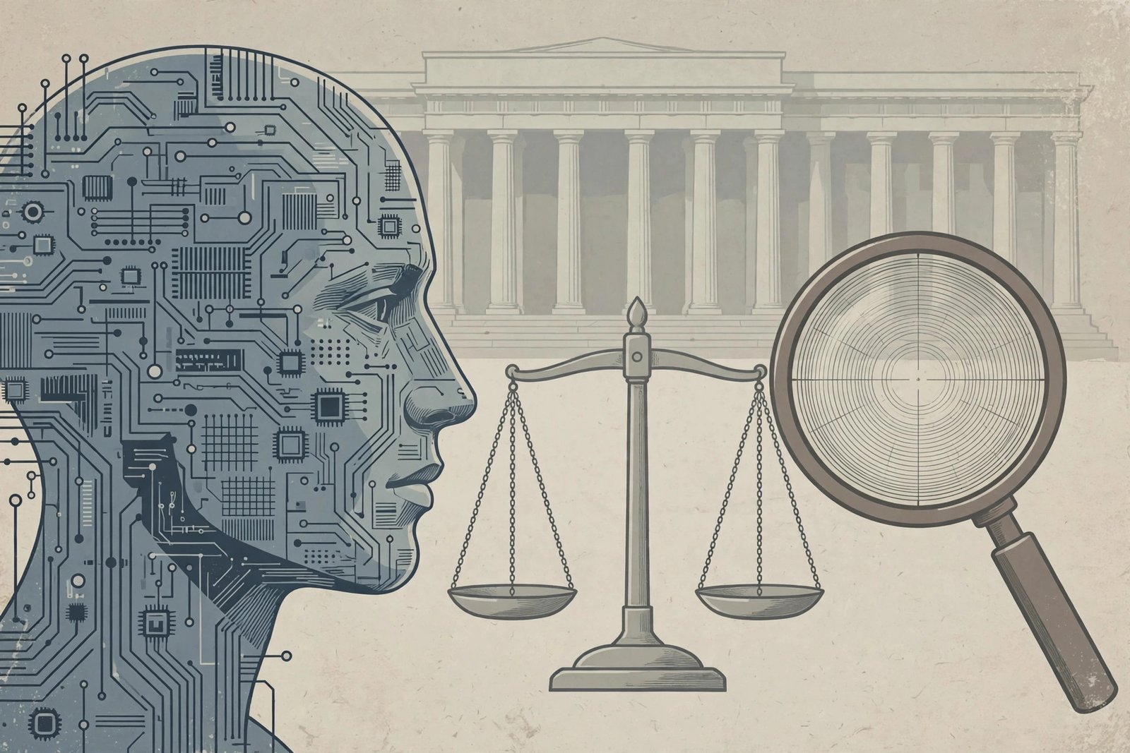 Flat editorial illustration of an abstract AI circuit head facing balance scales and a magnifying audit lens