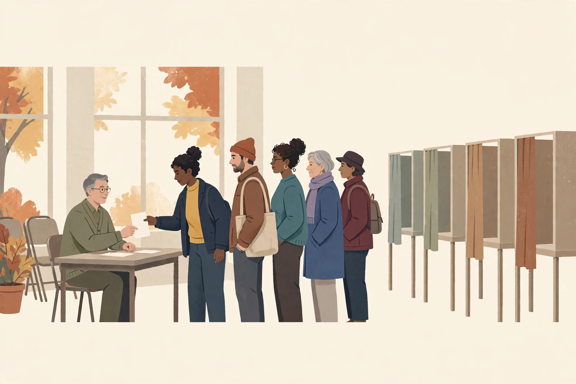 Voters in line at an early voting center, one handing a ballot to an official