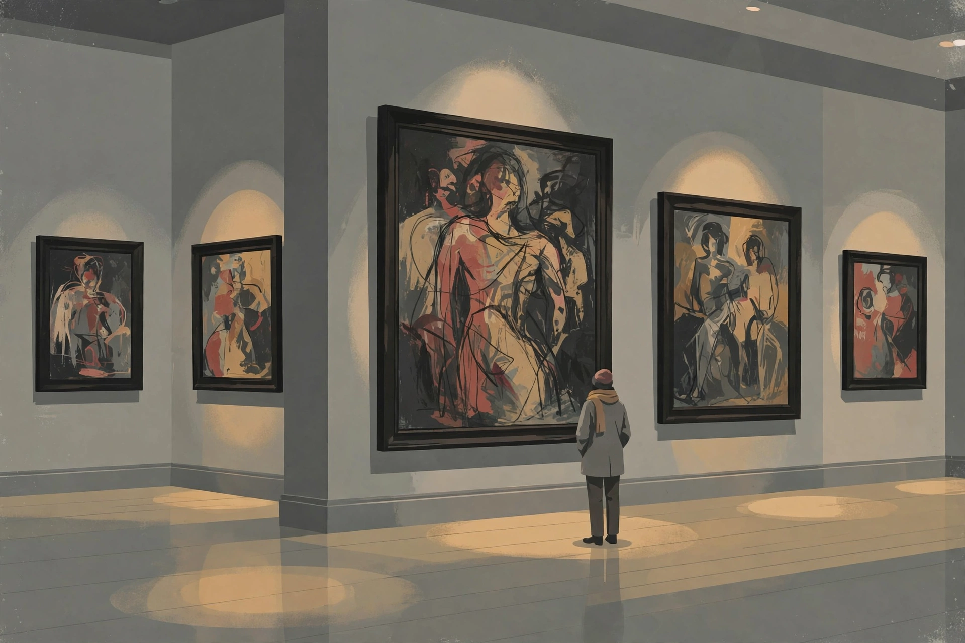 A visitor standing before large expressionist paintings in a quiet museum gallery