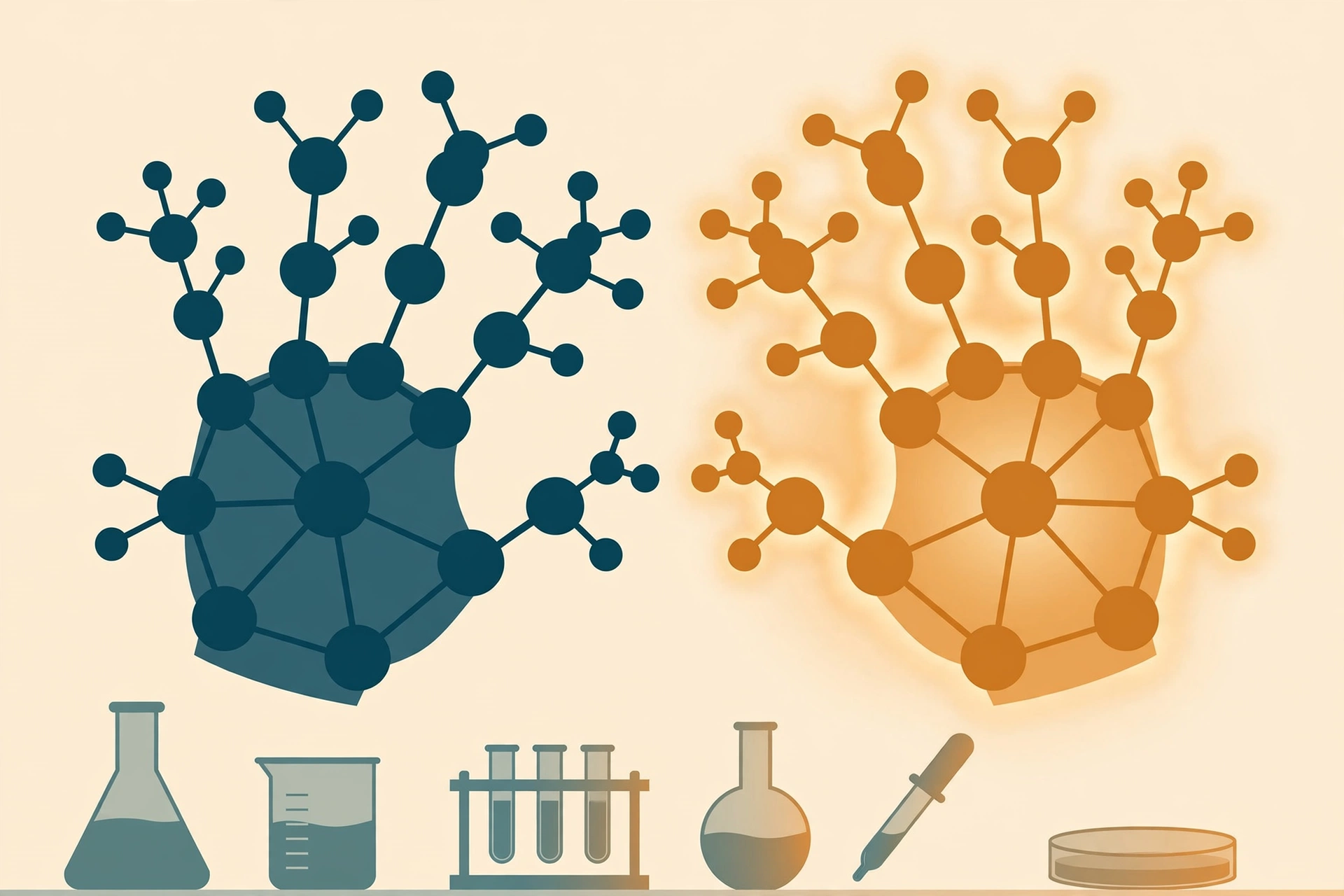 Two mirror-image molecular structures, one teal and one amber, above laboratory glassware