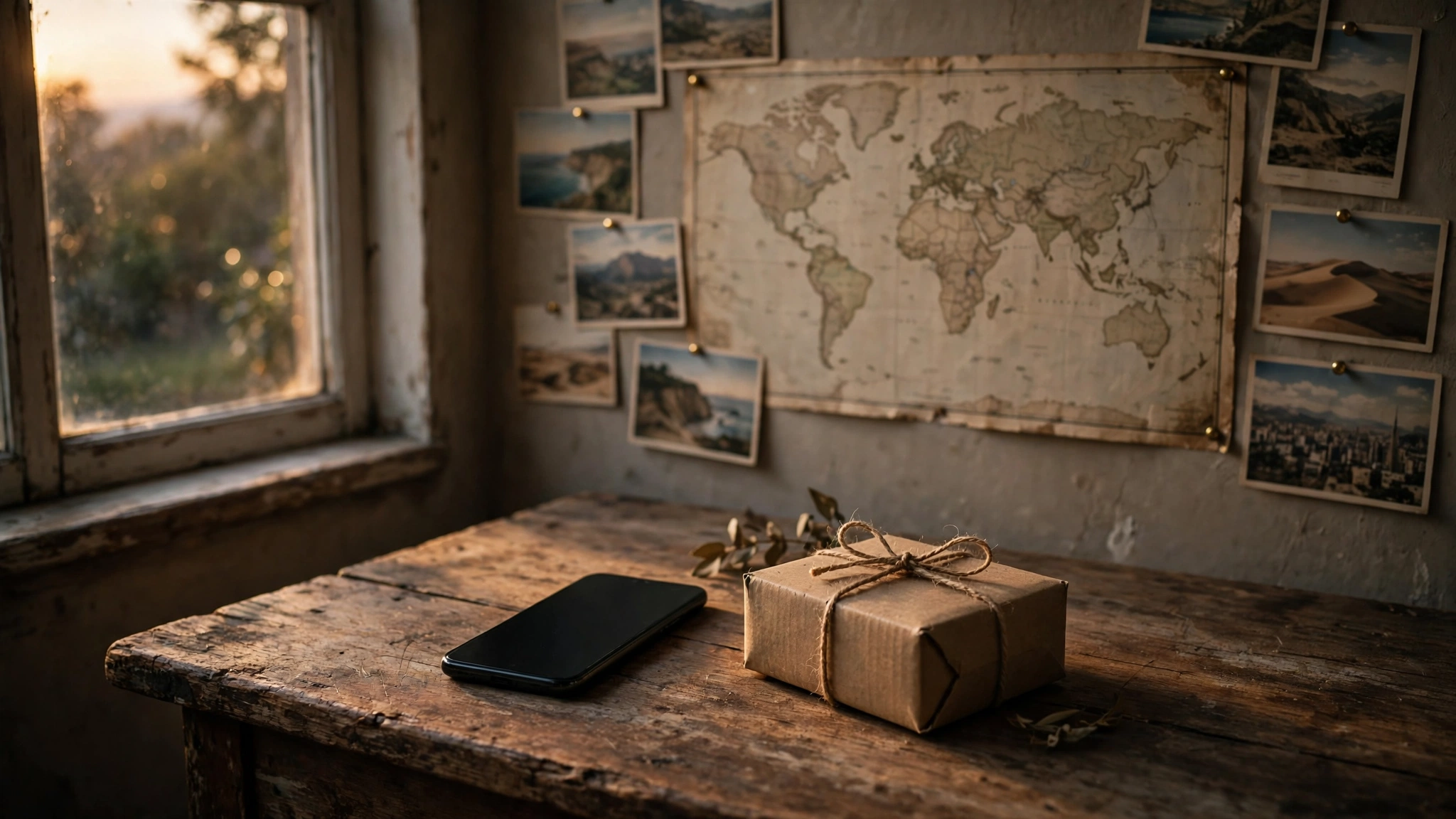 Sending money to friends abroad — a wrapped parcel and a smartphone on a wooden table beneath a world map