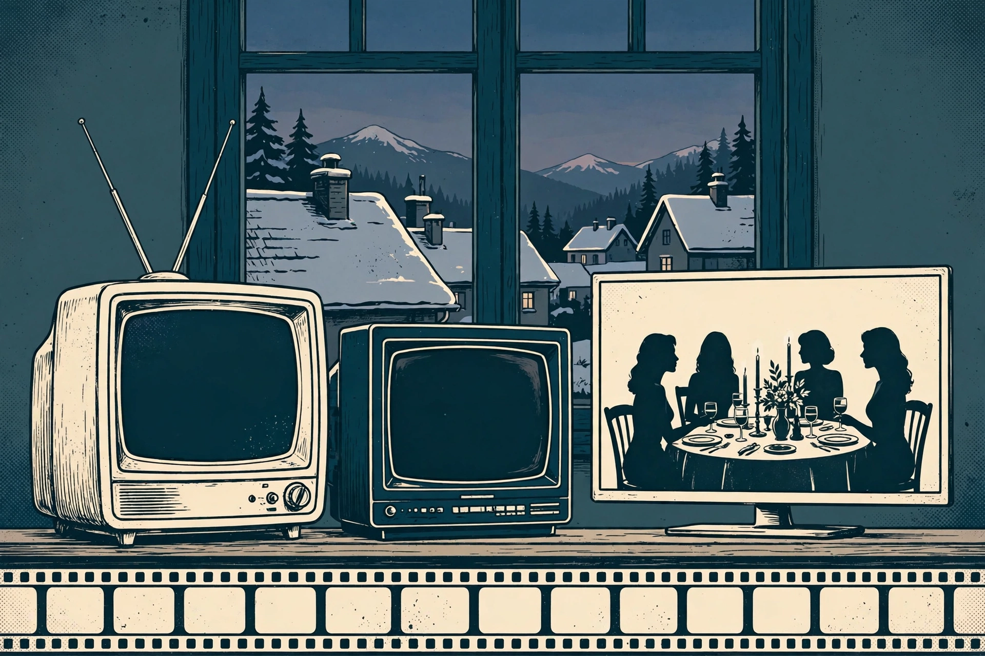 Illustration of television sets from different eras, the newest showing women at a dinner table, with snowy rooftops behind