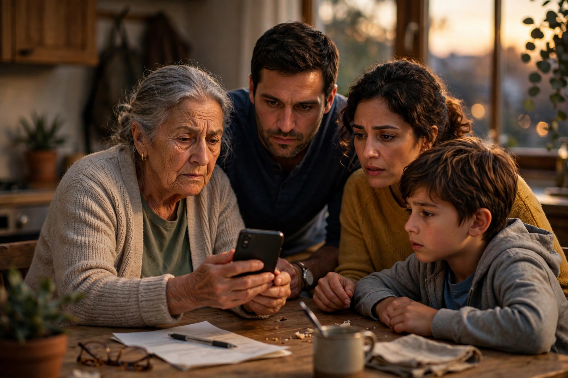 Money transfer account closed with no explanation — a family gathered around a phone at the kitchen table, waiting on money sent from abroad