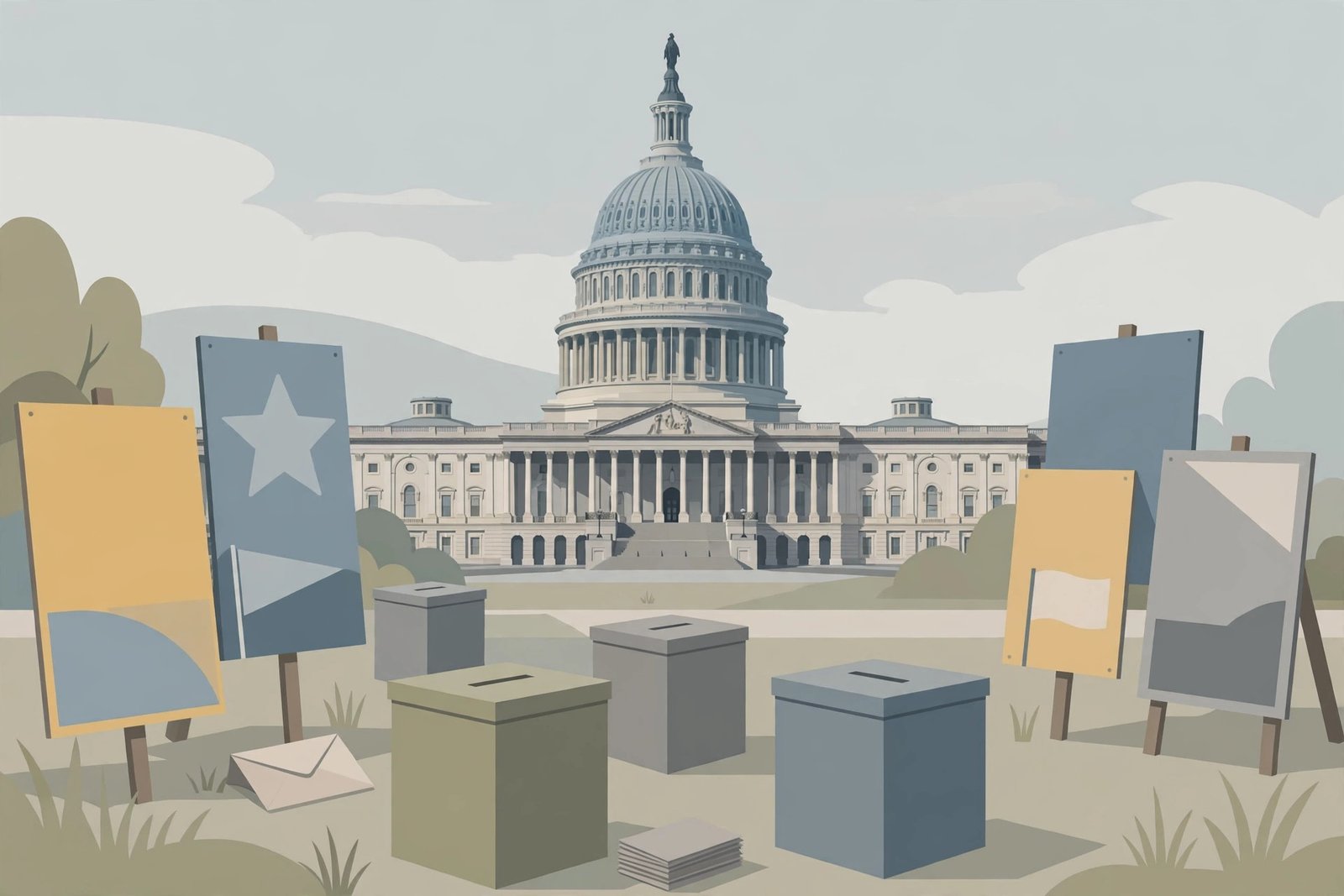 Flat editorial illustration of the US Capitol with ballot boxes and campaign posters