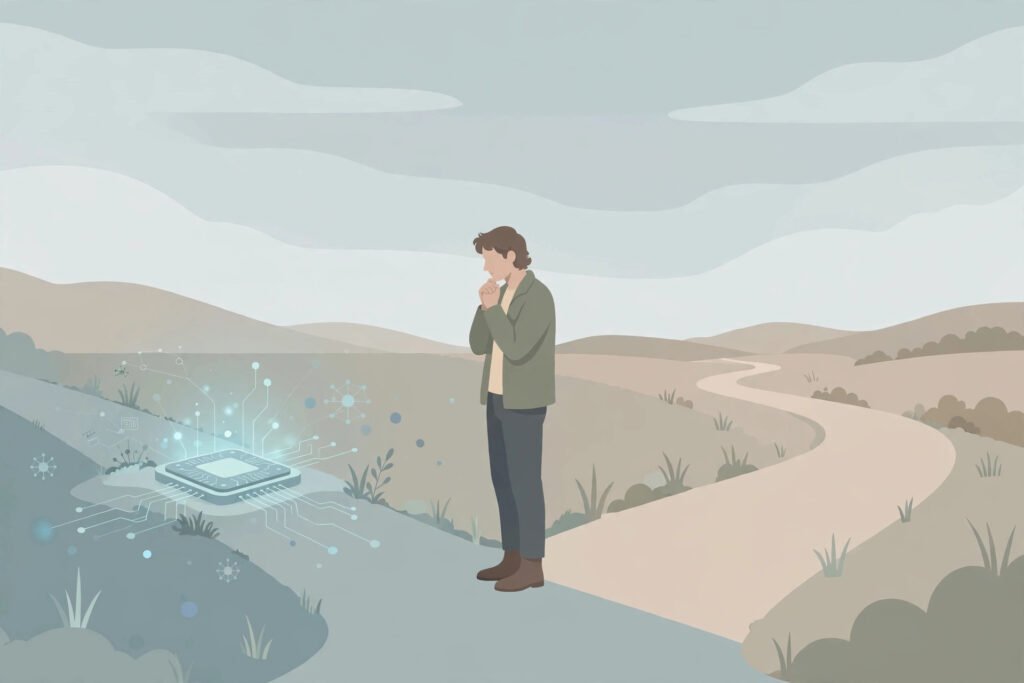 Editorial illustration of a figure at a crossroads between a glowing neural implant chip and an open road